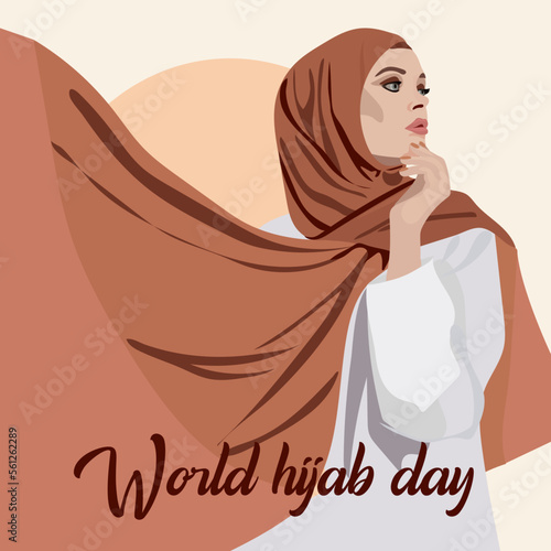 The banner of the World Hijab Day. A Muslim woman in a hijab. Arab woman. 1 February. Happy World Women's Day in Hijab. Vector illustration of a girl in a headscarf.