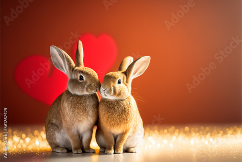 An adorable rabbit couple with hearts in a warm glitter background  Love concept