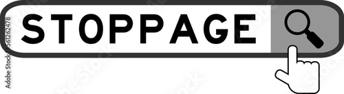 Search banner in word stoppage with hand over magnifier icon on white background