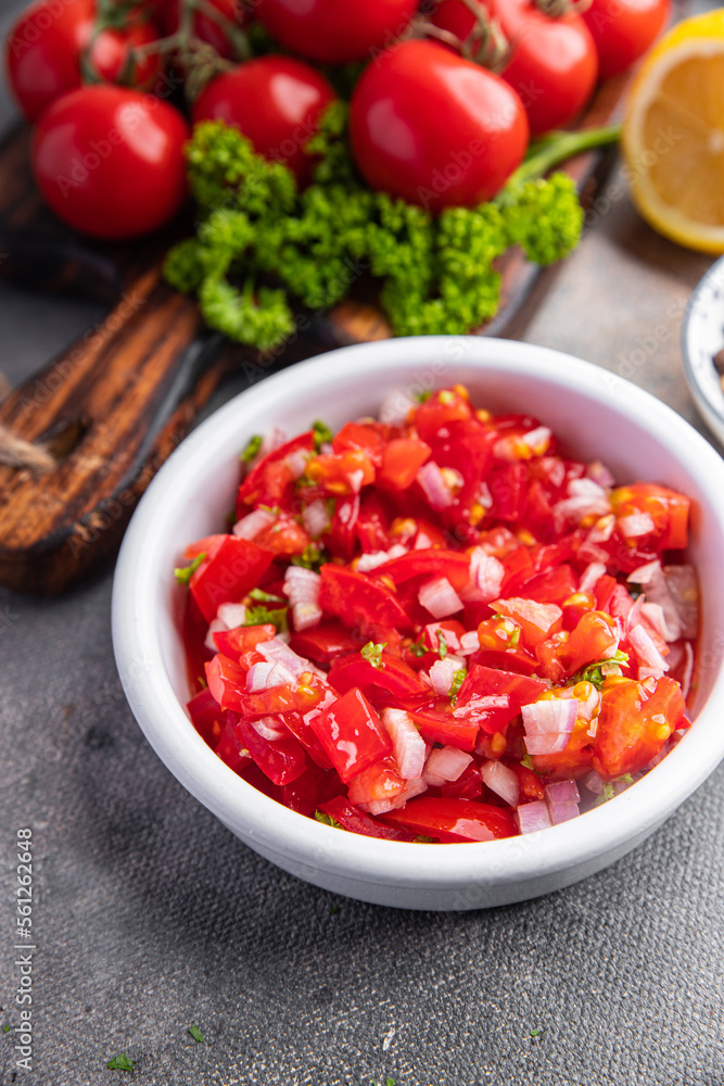 fresh salad tomato salsa spicy food meal snack on the table copy space food background rustic top view fresh salad tomato salsa spicy food meal snack on the table copy space food background rustic top view