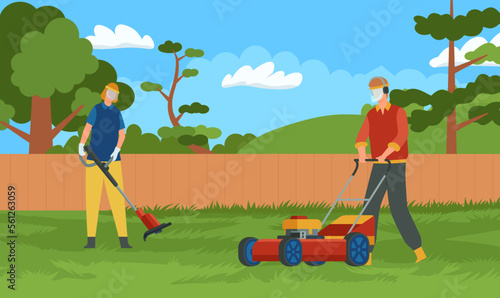 Professional lawn mowing and care maintenance. Handymen with protection equipment cutting grass on backyard