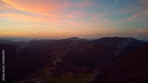 Drone view of Povlen and Jablanik mountains in western Serbia, Europe. © astrosystem