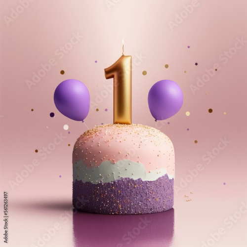 girls first birthday themed minimalist large gold number one surrounded by purple balloons and confetti on top a cupake with pink background. generative ai photo