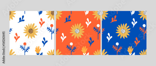 Vector seamless pattern set with doodle flowers, Ukrainian folk motifs, cute hand-drawn background for textiles, banners, pillows, etc.