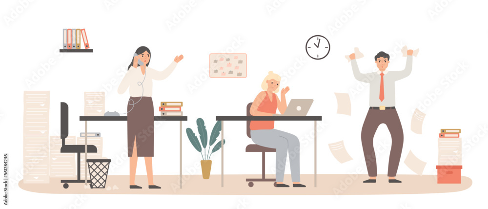 Time management with business deadline clock concept. Female and male employees working at office in panic