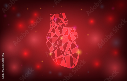 Heart attack polygonal style. Medical technology and healthcare innovations. Abstract heart vector illustration on red background. Heart particles are connected in a geometric silhouette.