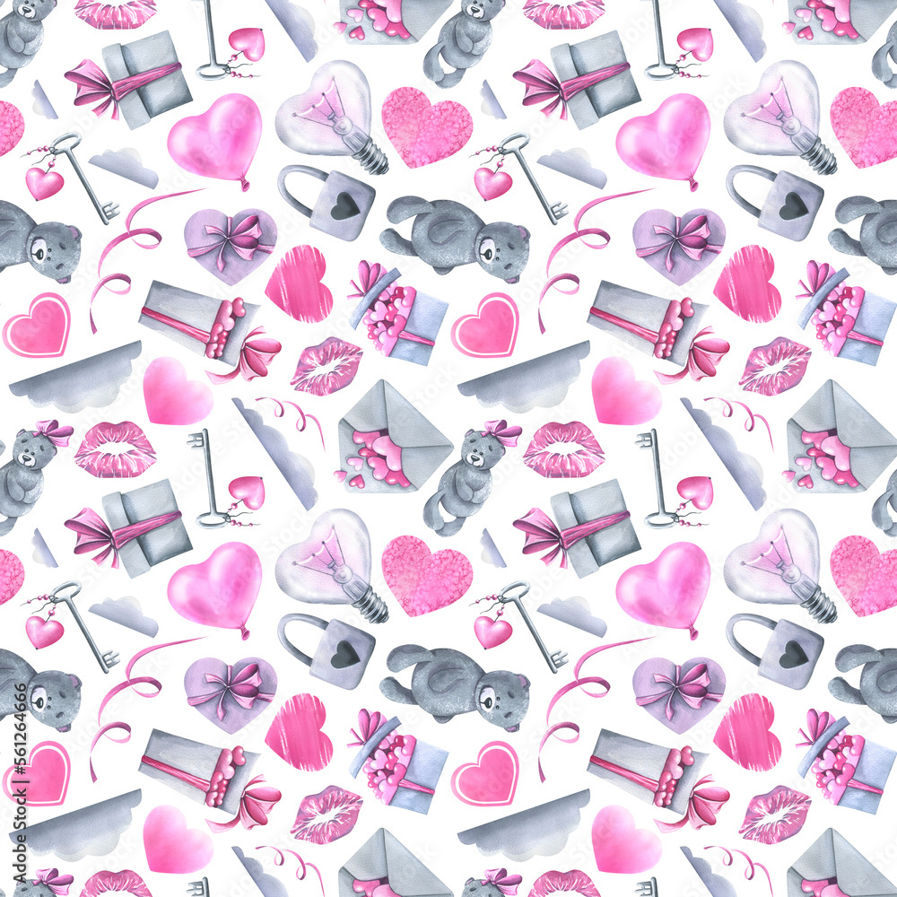 Gifts, boxes, bow, toy bears, clouds, kisses, hearts on a white background. Watercolor illustration. Seamless pattern from the VALENTINE'S DAY collection. For decoration and design.