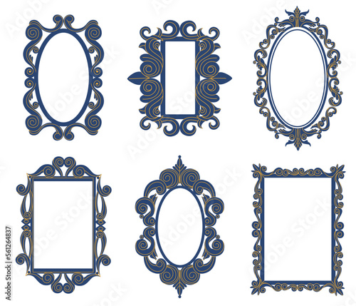 Vintage baroque antique decorative tracery mirrors. Elegant borders with curves elements of different shape such as oval and rectangle