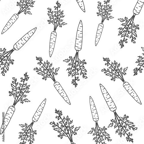 doodle pattern seamless with vegetables, banner with carrot for store rela, poster with handmade healthy food on white background with black lines.