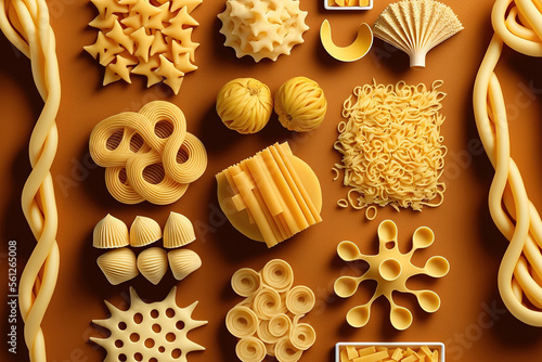 Italian dry pasta comes in a variety of kinds and shapes. Generative AI photo