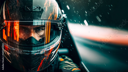 Fotografie, Obraz Racer in a helmet driving a car on the track. digital art