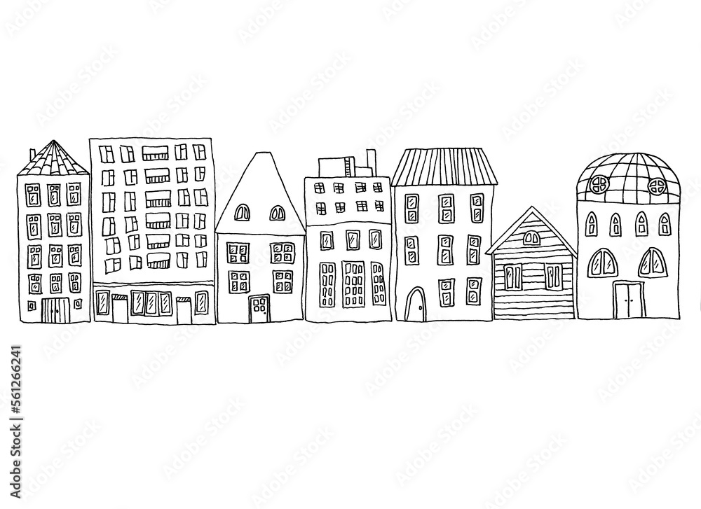 Buildings, houses on street hand drawn set - black and white architecture painting isolated on white background
