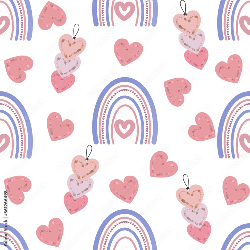 Boho rainbow seamless pattern with heart.Boho rainbow illustration.Valentine’s Day,baby shower, birthday cards.