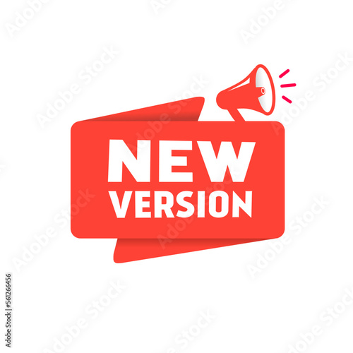 New version - label, icon design template with megaphone. Banner design element. Modern vector illustration.