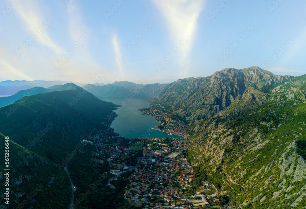 Panorama of the Bay of Kotor with beaches and hotels and the Adriatic Sea against the backdrop of sunny sky