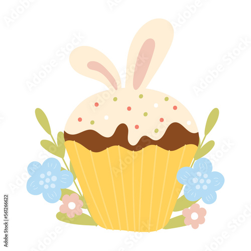 Cute easter cupcake with bunny ears in scandinavian style for decoration, floral design element