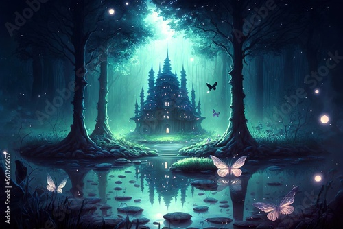 A magical blue forest with butterflies and a fantasy castle  generative ai