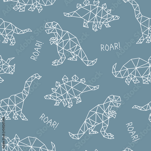 Geometric Style Dinosaurs Seamless Pattern. Cartoon Dinosaurs Seamless Repeat Pattern. Hand Drawn Seamless Design