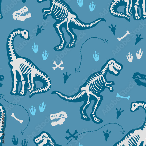 Hand Drawn Dinosaur Skeletons Seamless Pattern. Cartoon Dinosaurs Seamless Repeat Pattern. Seamless Design