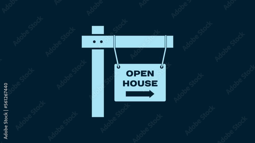 White Hanging sign with text Open house icon isolated on blue background. Signboard with text Open house. 4K Video motion graphic animation White Hanging sign with text Open house icon isolated on blue background. Signboard with text Open house. 4K Video motion graphic animation