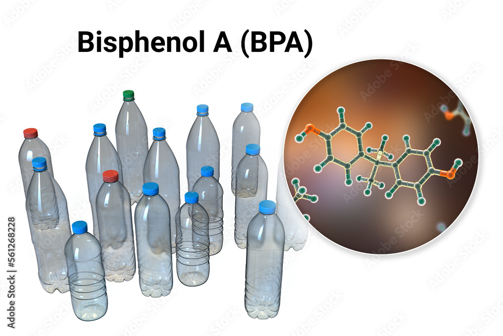 Bisphenol A molecule and plastic bottles, 3D illustration. Organic