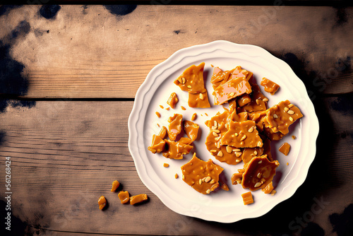 Traditional peanut brittle candy pieces on a plate. a top shot with a background of white wood. Generative AI