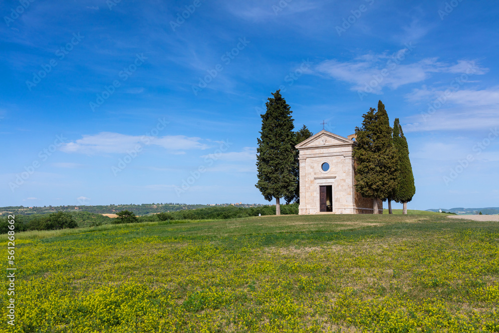 Tuscany landscape with a little chapel of Madonna di Vitaleta, Italy