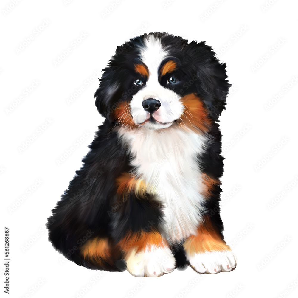 Bernese Mountain Dog puppy watercolor illustration, long-haired dog, cute puppy, pet
