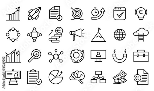 Startups icons packs in style (outline). 
This collection includes for mobile, web, or site design applications. Illustration