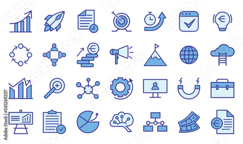 Startups icons packs in style (blue color). 
This collection includes for mobile, web, or site design applications. Illustration