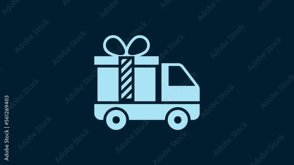White Delivery truck with gift icon isolated on blue background. 4K Video motion graphic animation White Delivery truck with gift icon isolated on blue background. 4K Video motion graphic animation