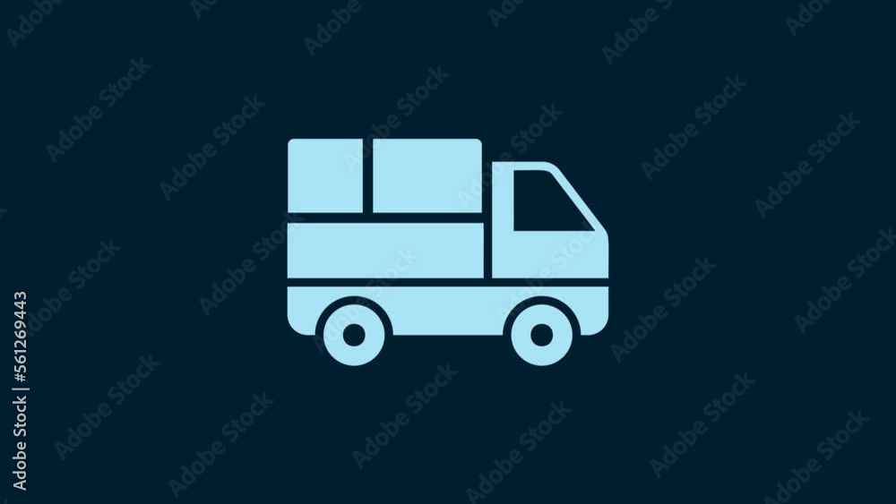 White Delivery truck with cardboard boxes behind icon isolated on blue background. 4K Video motion graphic animation White Delivery truck with cardboard boxes behind icon isolated on blue background. 4K Video motion graphic animation