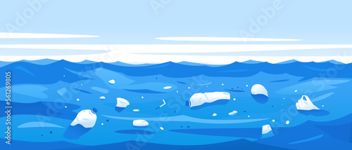 Water polluted of plastic trash, garbage in sea water ecological disaster concept illustration, environmental pollution, trash in seawater landscape background