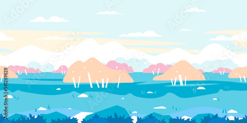 Simplify orange birch trees and bushes in field, green grass with plants and mountains in summer, nature game background in simple colors and flat style, tileable horizontally
