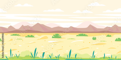Empty sandy path through the desert with small plants in sunny day, arid deserted place without water and mountains in distance, nature game background in simple colors, tileable horizontally