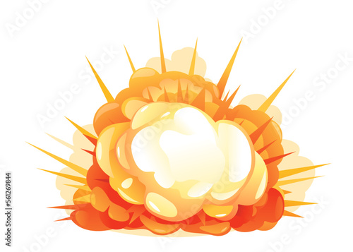 Big cartoon bomb explosion with shrapnel and fireball, isolated on white, bright fiery explosion with yellow clubs of smoke on horizontal surface