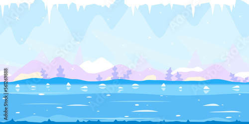 Ice cave with many icicles on the top and ground, cold winter ice background, light mysterious fairy-tale cave of ice, nature game background in simple colors and flat style, tileable horizontally