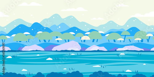 Trees and bushes along the road, grounds with stones and trees near the mountains, nature game background in simple colors and flat style, tileable horizontally