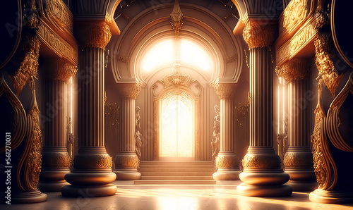 A realistic fantasy interior of the palace. golden palace. castle interior. Fiction Backdrop. concept art. 