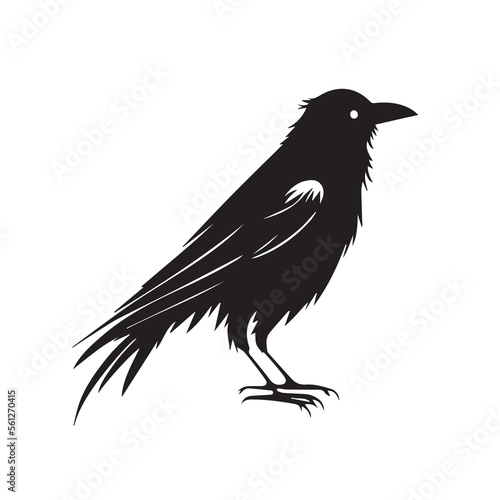 Crow minimal black and white vector illustration icon. Black bird with feathers and dark beak. Minimalistic tattoo idea. Modern company logo. Silhouette of raven. Isolated mascot idea. Vector element
