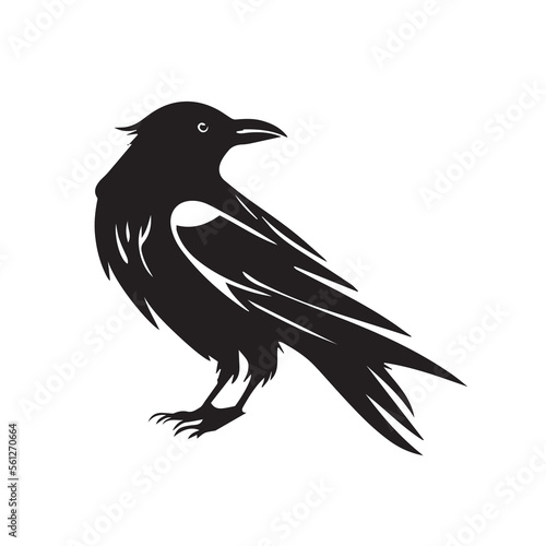 Crow minimal black and white vector illustration icon. Black bird with feathers and dark beak. Minimalistic tattoo idea. Modern company logo. Silhouette of raven. Isolated mascot idea. Vector element