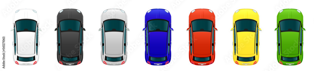 Set of small city car view from above. Vector illustrations of different colors automotive. Vector isolated on white. Set of small city car view from above. Vector illustrations of different colors automotive. Vector isolated on white.