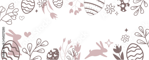 Happy easter pattern decoration with bunny, flowers and eggs. Simple easter graphic for event, festival and event design. Vector illustration.