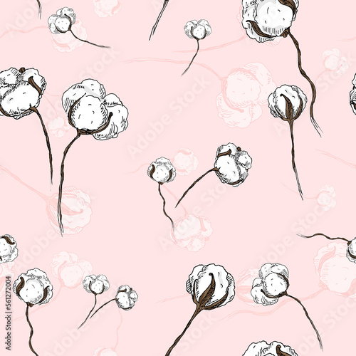 White cotton flowers - hand drawn seamless pattern on light pink color background © justesfir