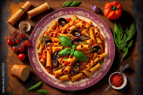 Typical pasta. Traditional pasta dish from Sicily made with tomato sauce and eggplant. Generative AI photo