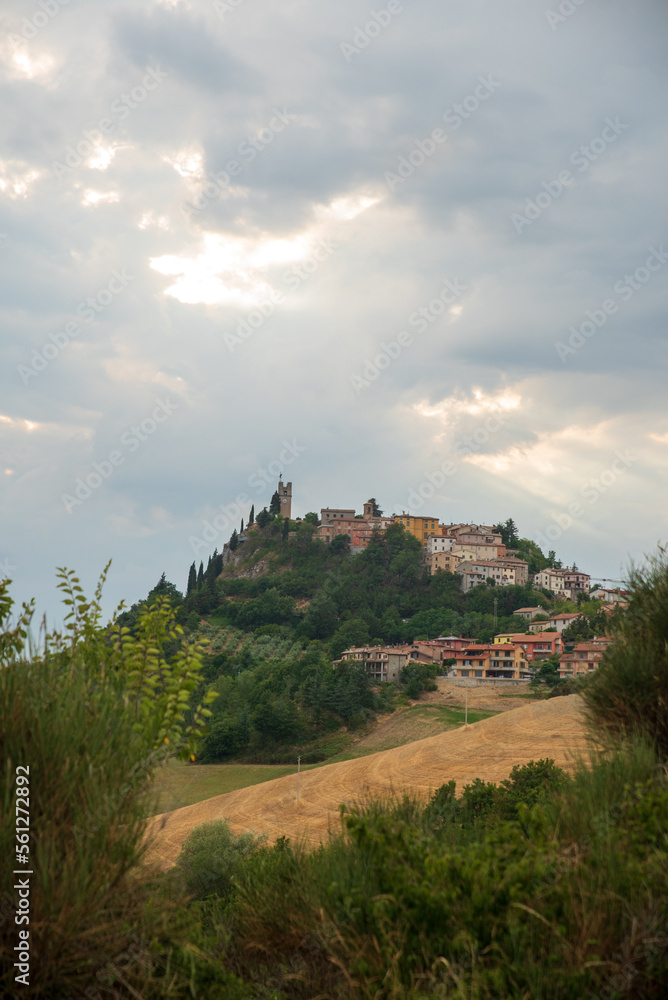 View of Peglio village in Marche region in Italy