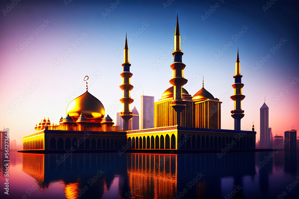 Abstract golden mosque with towers, domes and minarets reflected in a lake, made with generative AI