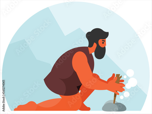 Primitive man makes fire. Caveman in animal skin starting fire with wooden stick. Vector graphics