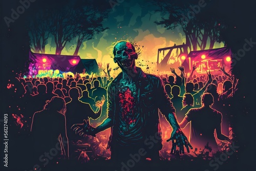 Get ready for a spine-chilling EDM festival featuring zombie as DJs. The amazing lighting setup transforms the scene as the zombie groove to the beat and the zombie crowd dances and vibes to the music