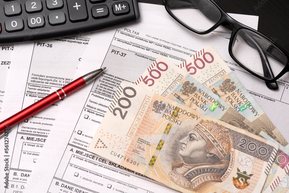 Polish tax form, polish banknotes. Tax income Polish tax form, polish banknotes. Tax income